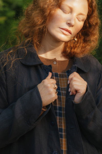 Montaigne French Linen Button-Through Jacket - Peter Pan Collar Navy