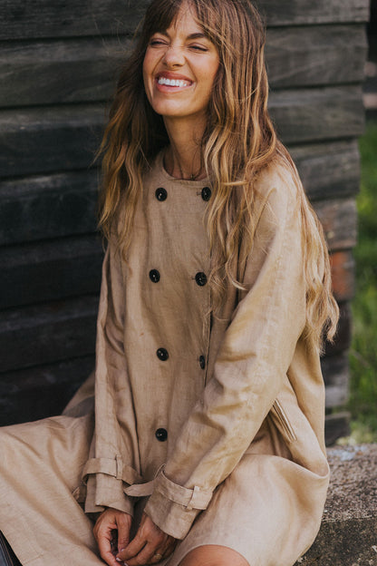 Montaigne French Linen Collarless Peacoat Camel