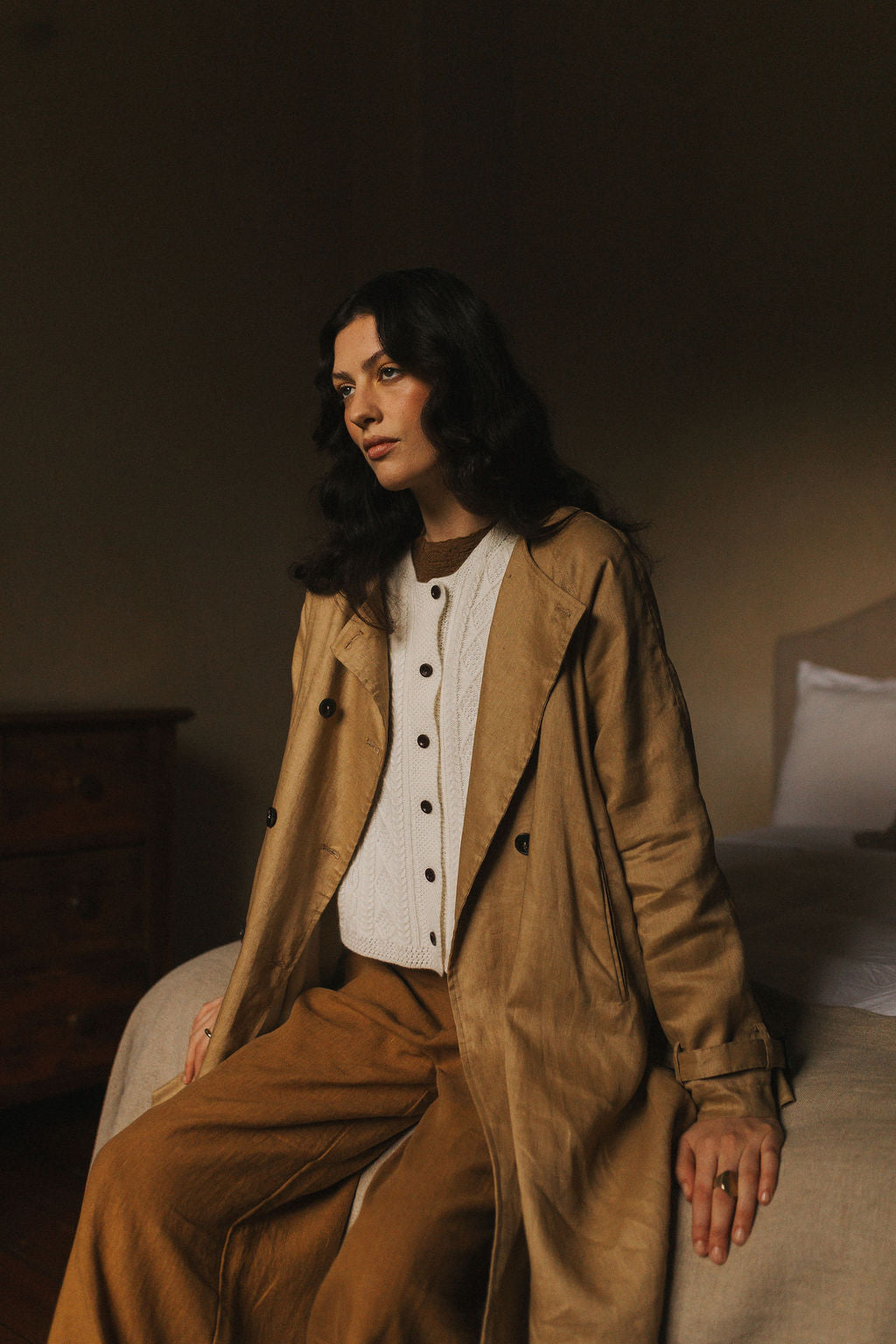 Montaigne French Linen Collarless Peacoat Camel11