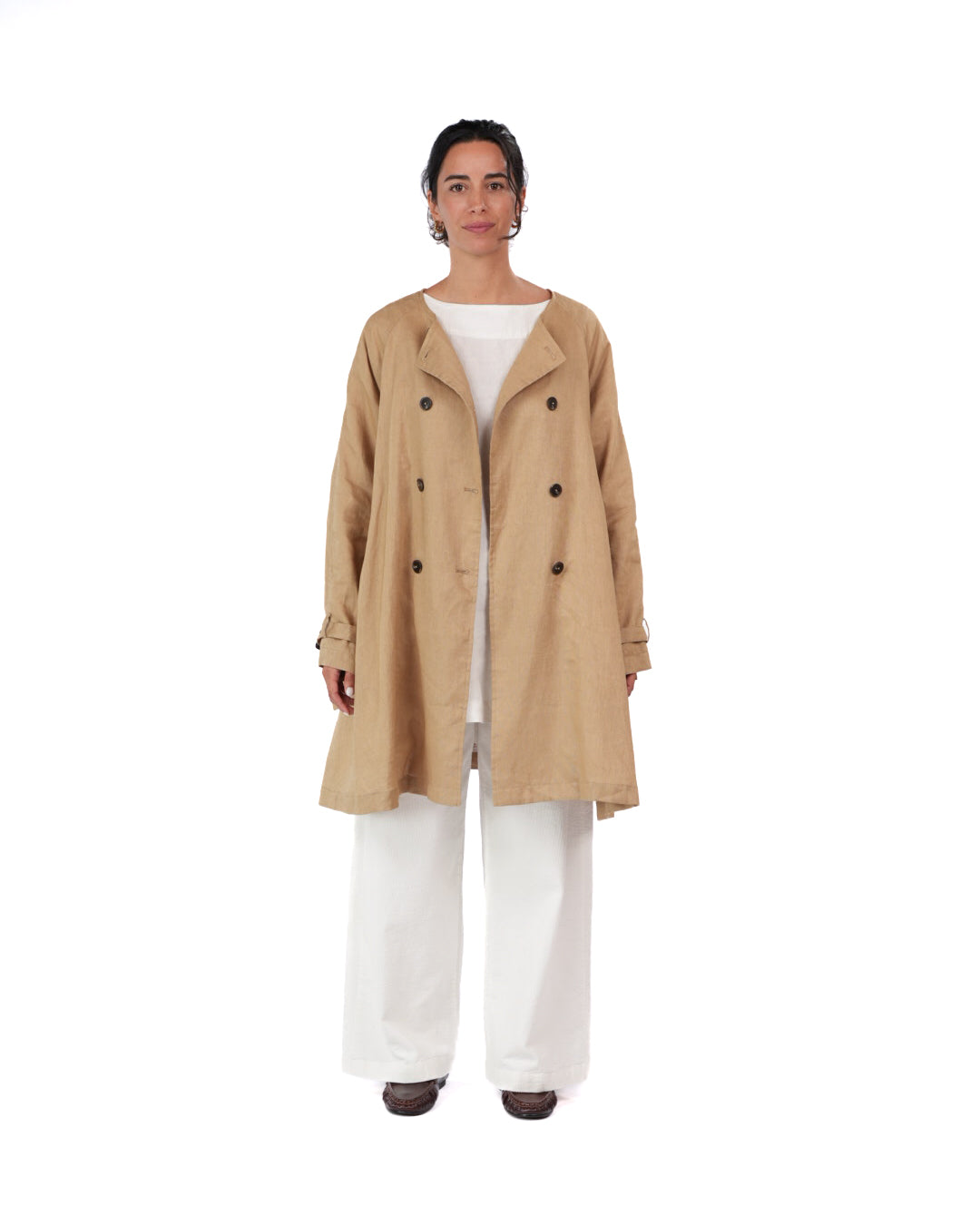 Montaigne French Linen Collarless Peacoat Camel