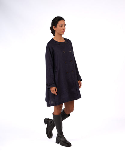 Montaigne French Linen Collarless Peacoat Navy