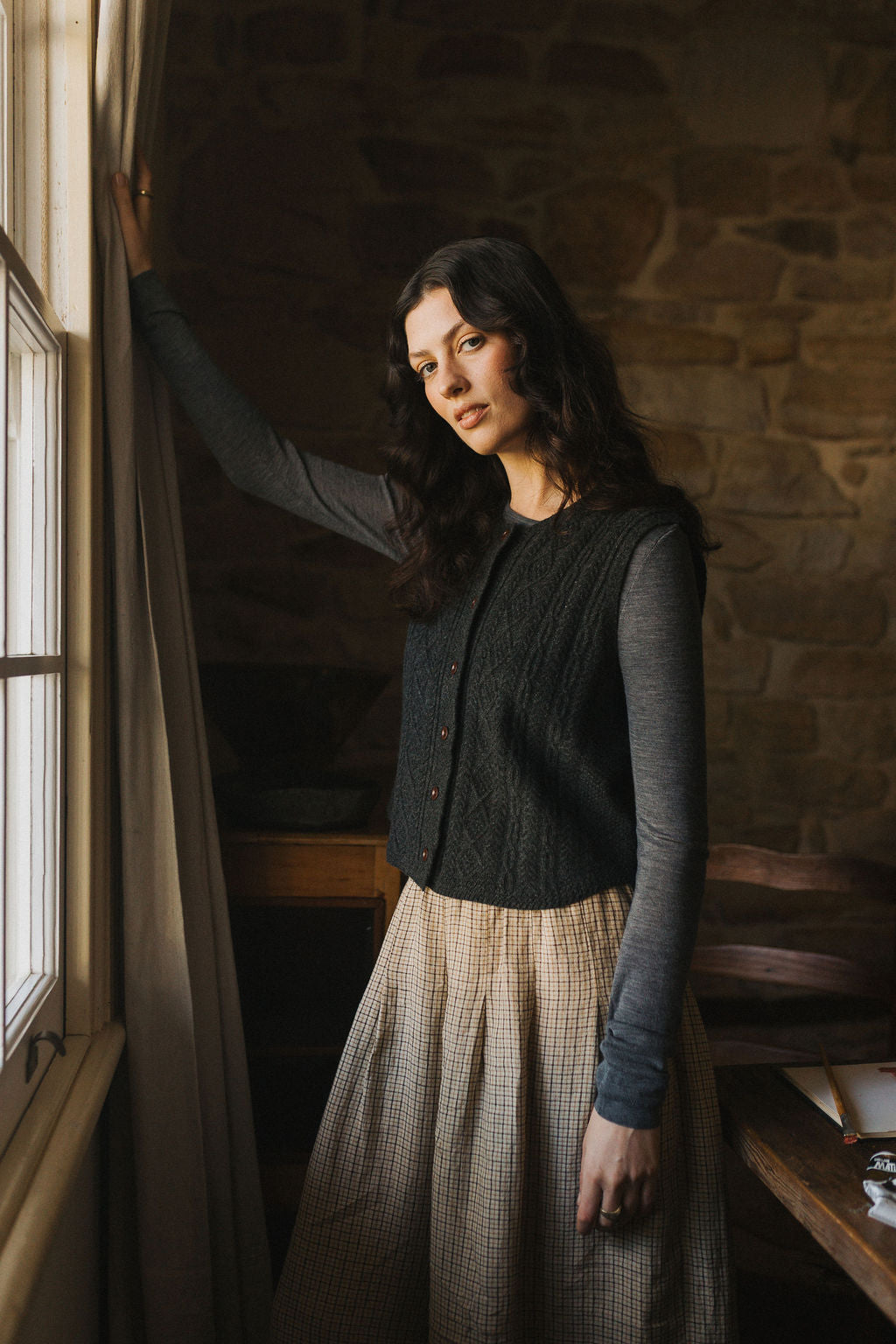 Montaigne French Linen Culottes in Beige/Brown Check2
