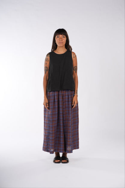 Montaigne French Linen Culottes In Check Blue/Brown