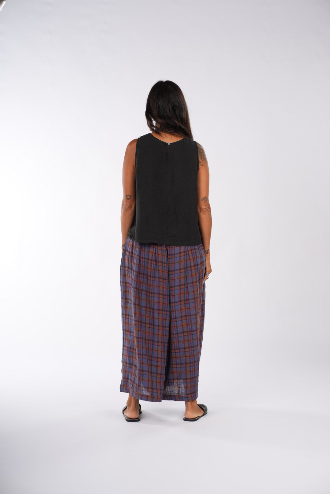 Montaigne French Linen Culottes In Check Blue/Brown2