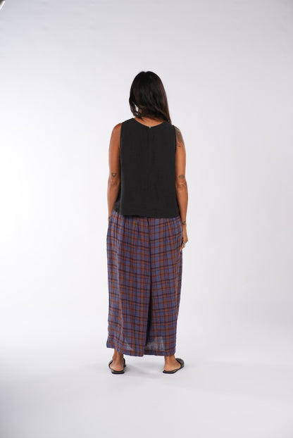 Montaigne French Linen Culottes In Check Blue/Brown2