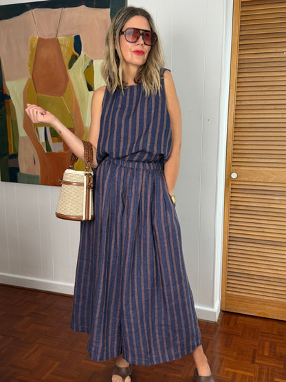 Montaigne French Linen Culottes In Stripe Blue/Beige5