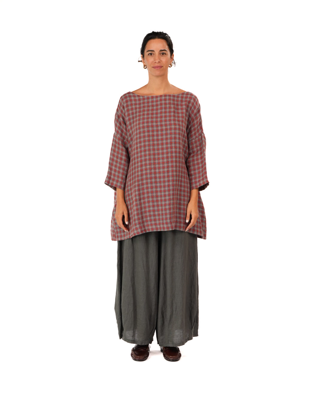 Montaigne French Linen Tunic Top In Check Red1