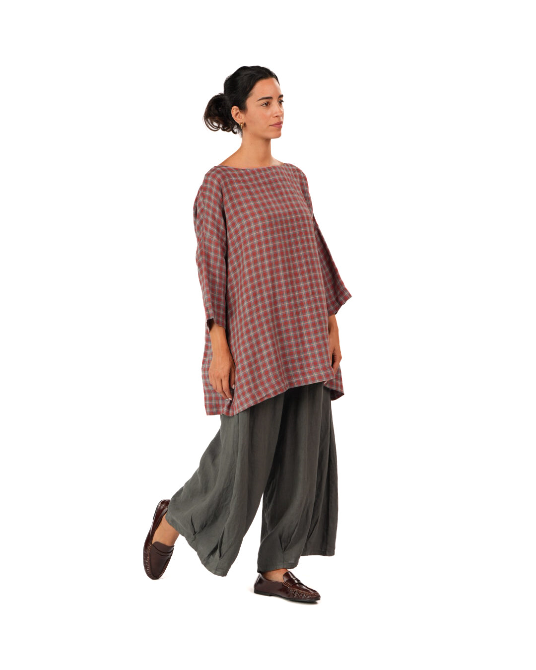 Montaigne French Linen Tunic Top In Check Red2