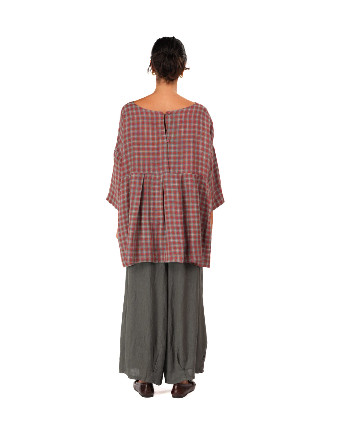 Montaigne French Linen Tunic Top In Check Red3