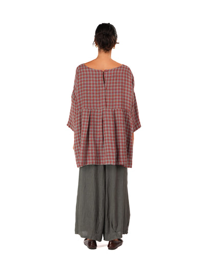 Montaigne French Linen Tunic Top In Check Red3