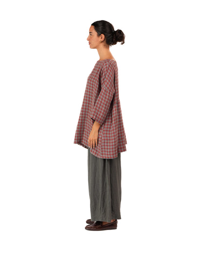 Montaigne French Linen Tunic Top In Check Red4