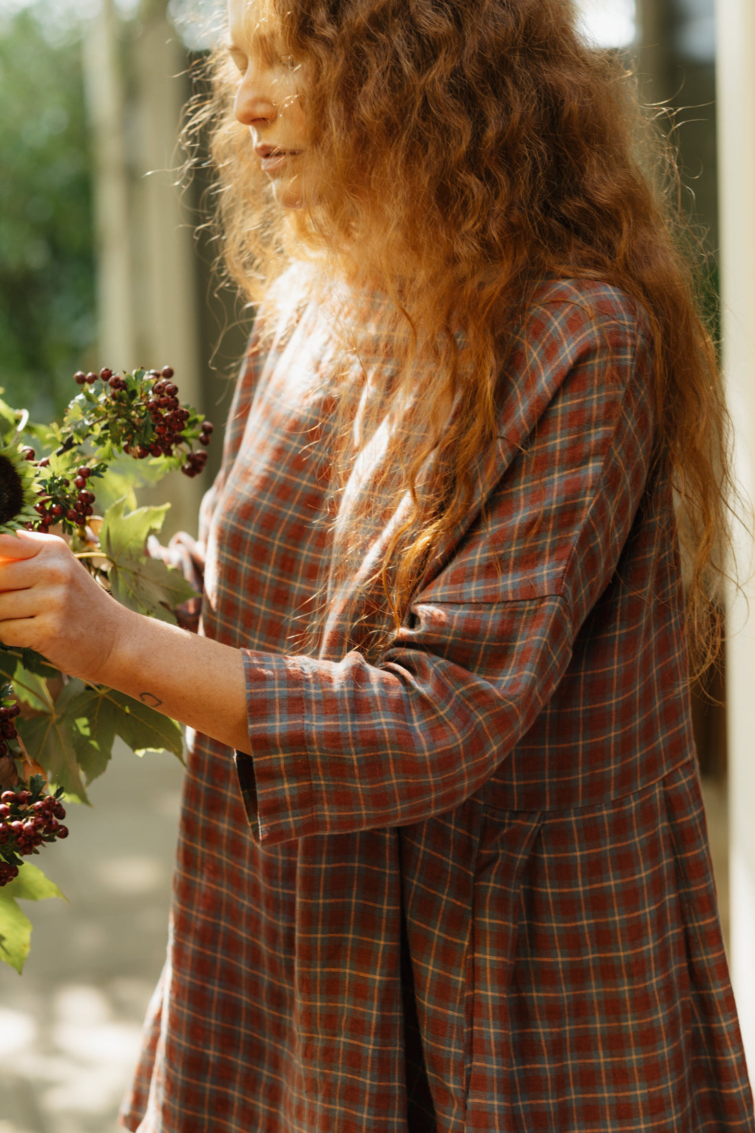 Montaigne French Linen Tunic Top In Check Red5