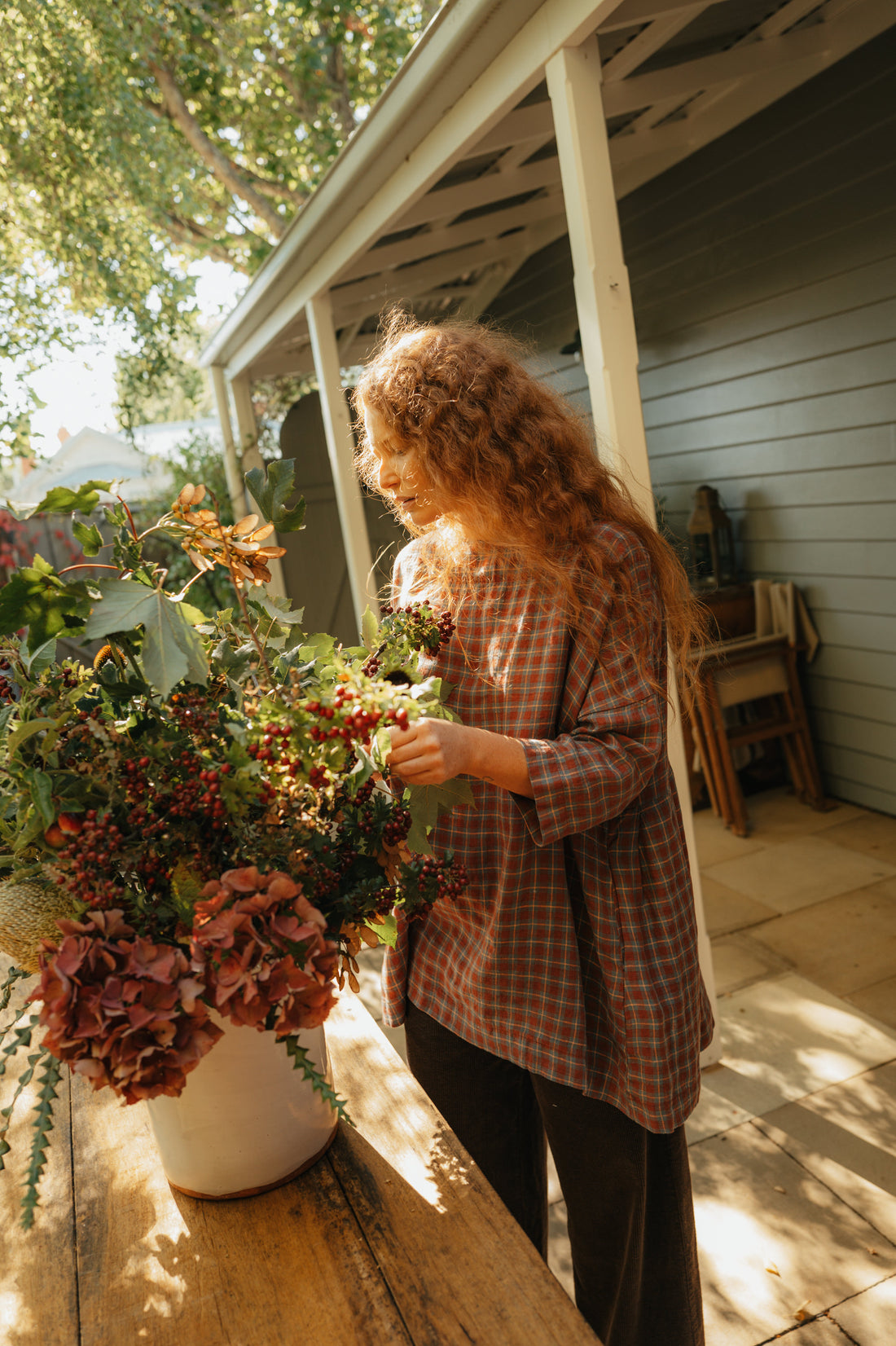 Montaigne French Linen Tunic Top In Check Red6