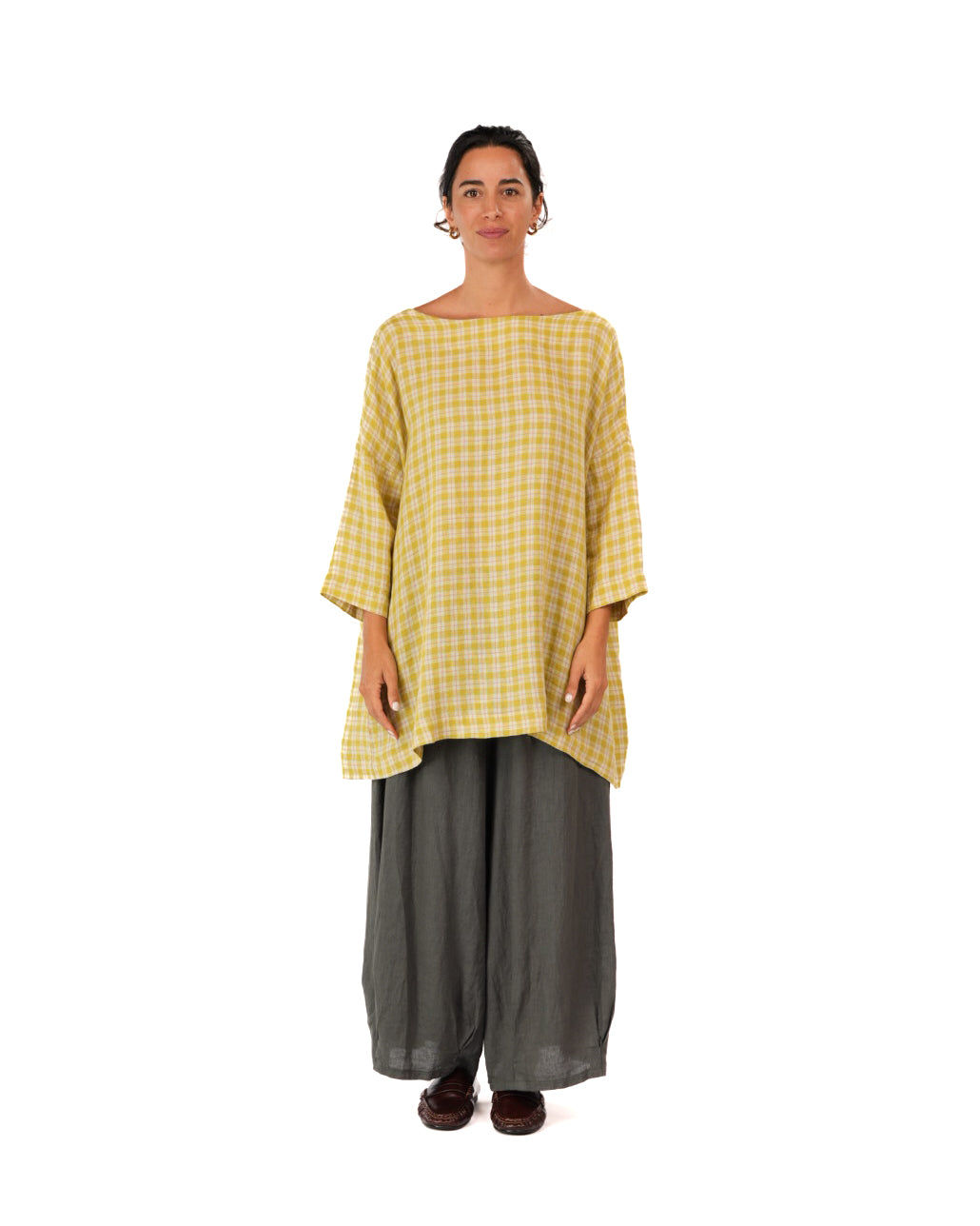 Montaigne French Linen Tunic Top In Check Yellow1