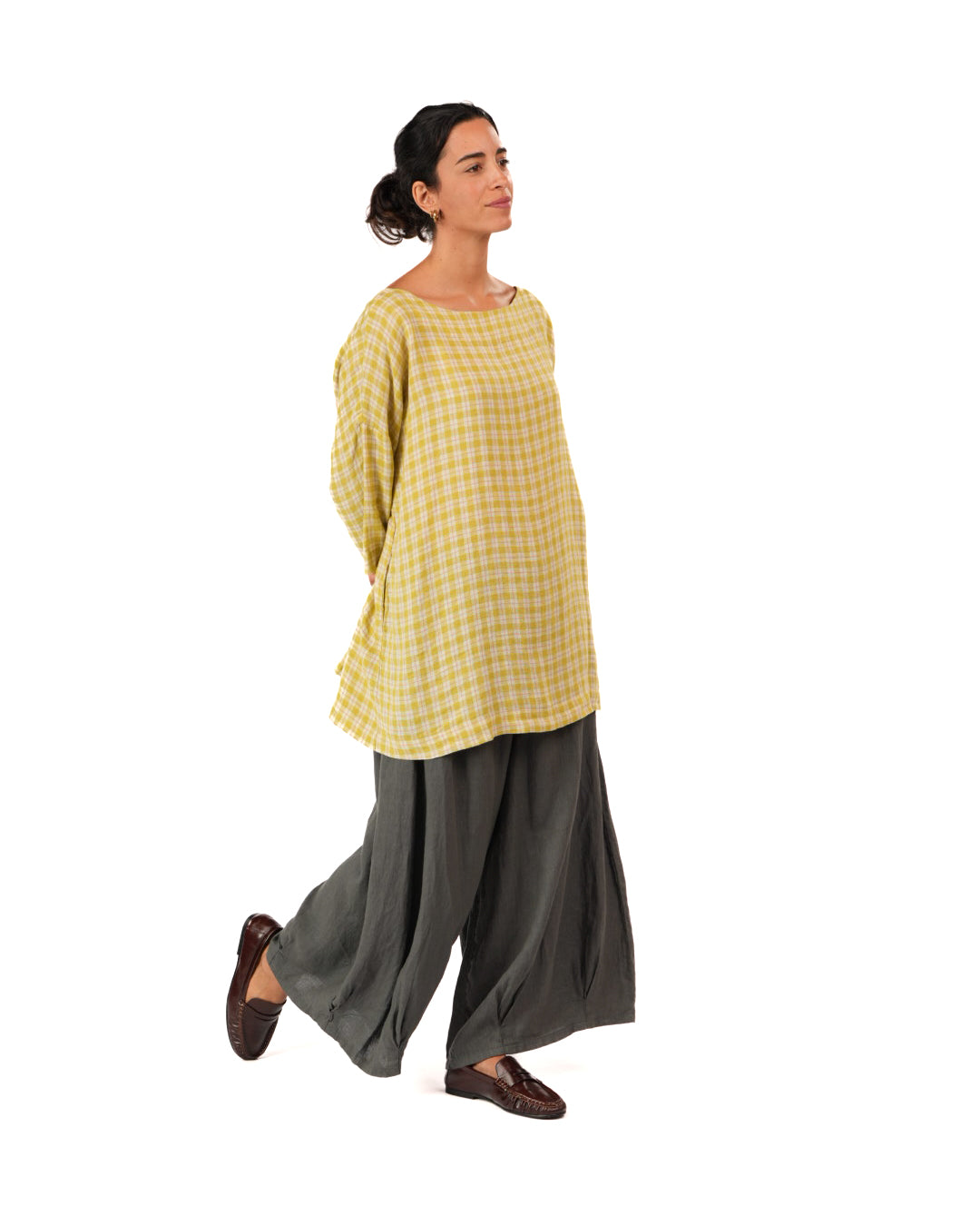 Montaigne French Linen Tunic Top In Check Yellow2