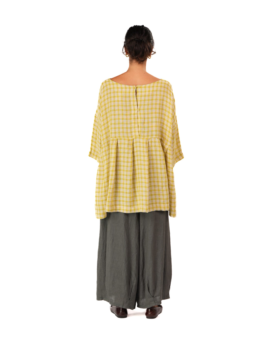 Montaigne French Linen Tunic Top In Check Yellow3