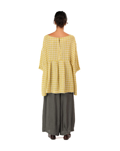 Montaigne French Linen Tunic Top In Check Yellow3