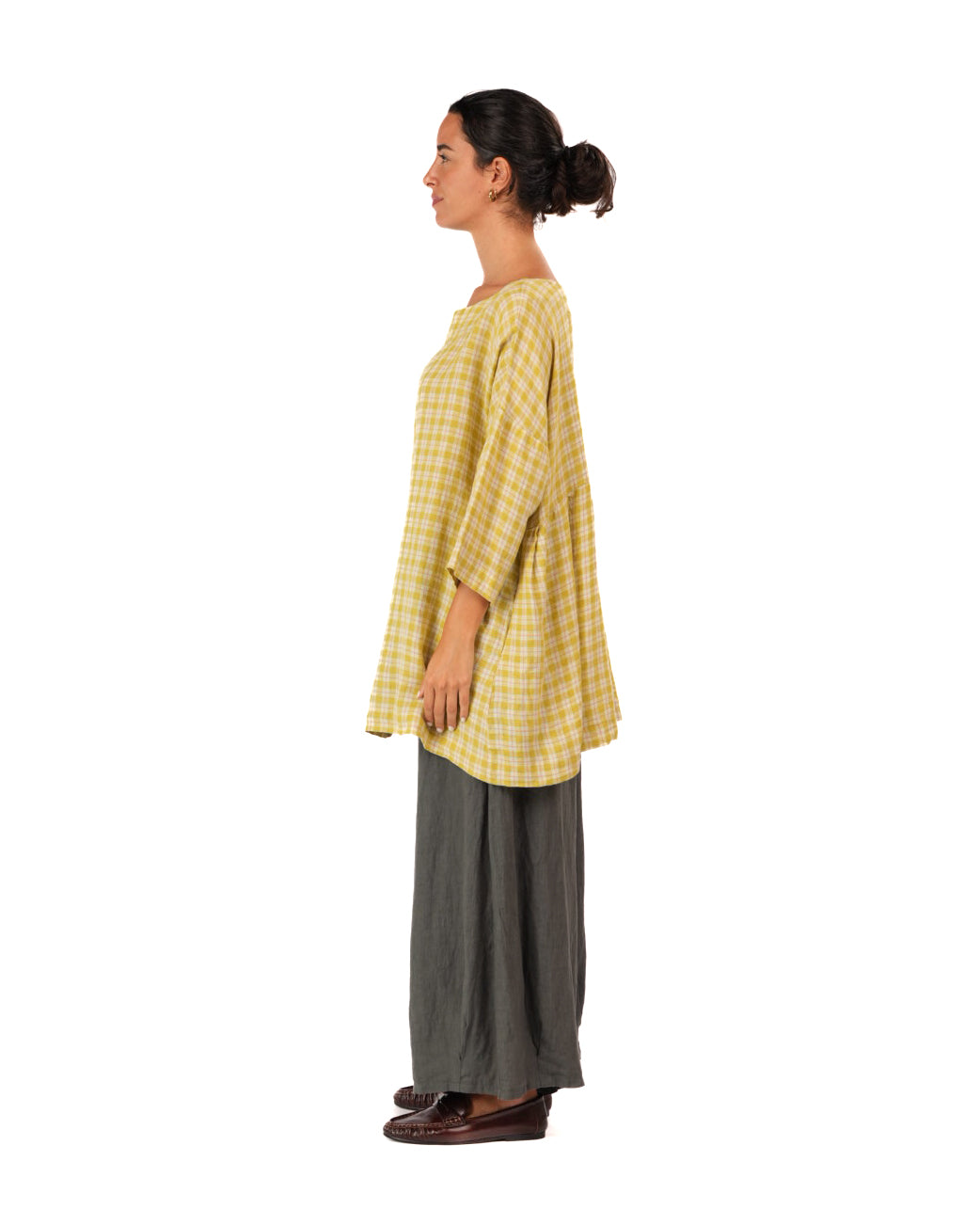Montaigne French Linen Tunic Top In Check Yellow4