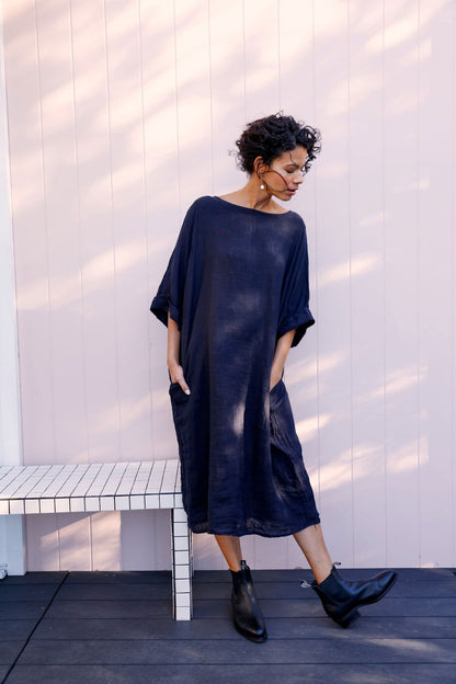 Montaigne Gaella Linen Shift Dress Navy