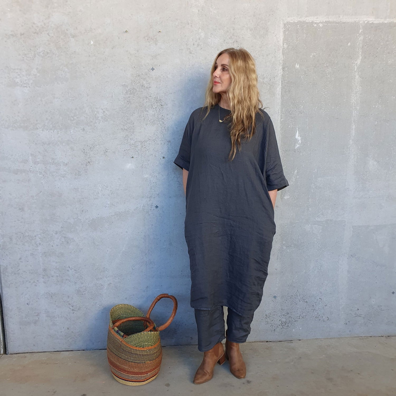 Montaigne Gaella Linen Shift Dress Petrol4