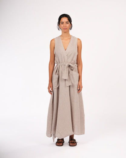 Montaigne Genevieve Wrap-Around French Linen Dress In Natural Houndstooth