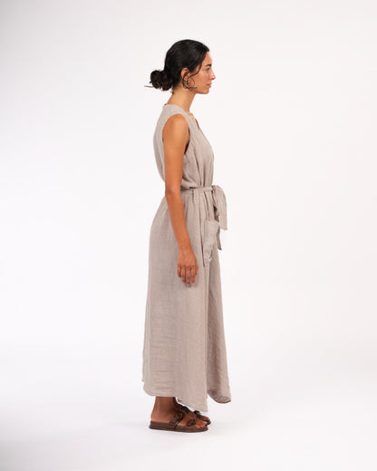 Montaigne Genevieve Wrap-Around French Linen Dress In Natural Houndstooth3