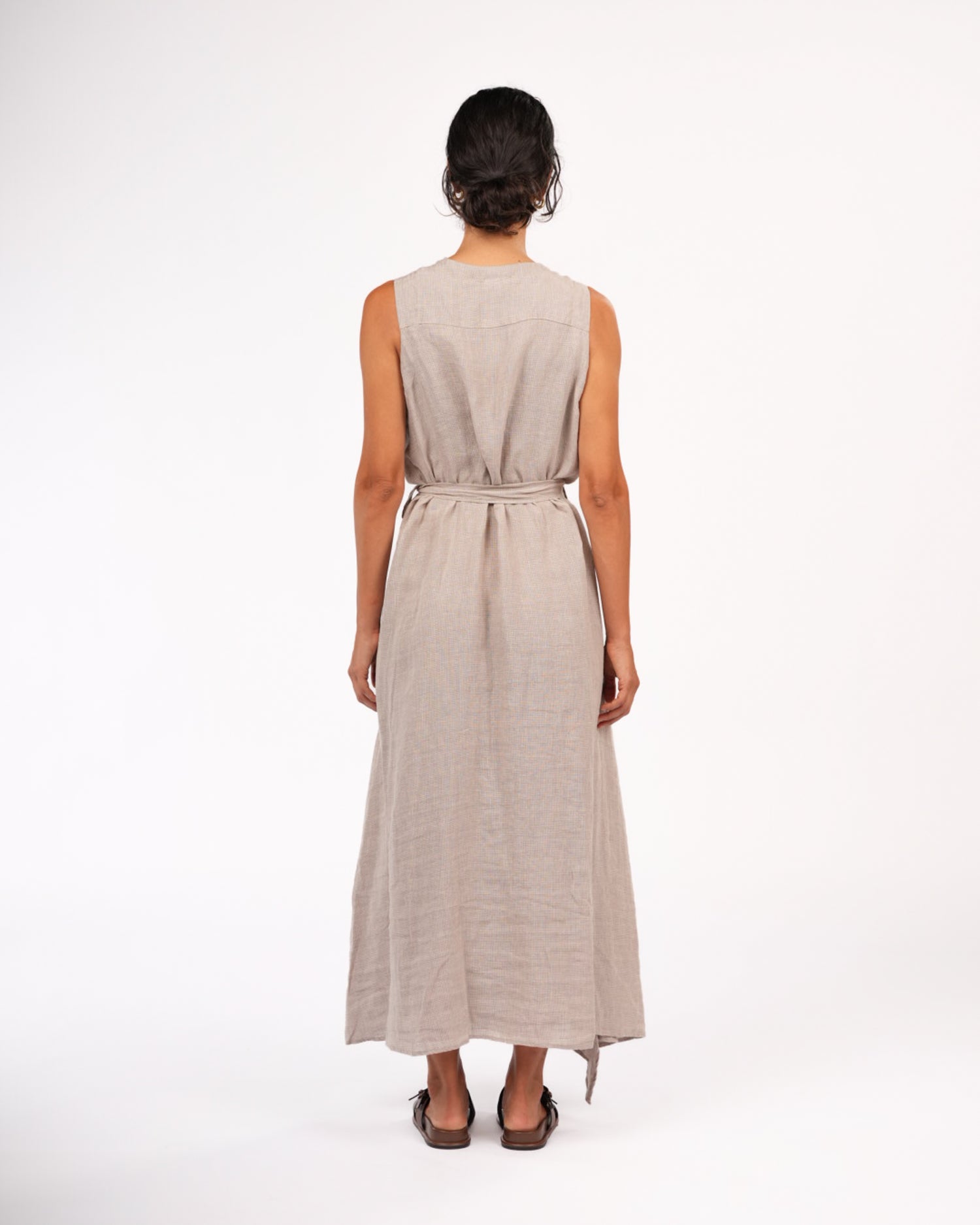 Montaigne Genevieve Wrap-Around French Linen Dress In Natural Houndstooth5