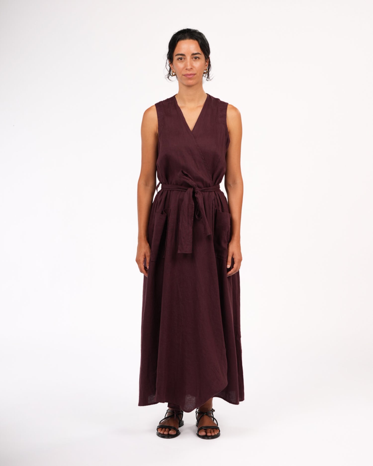 Montaigne Genevieve Wrap Around Linen Dress With Deep Front Pockets Burgundy1