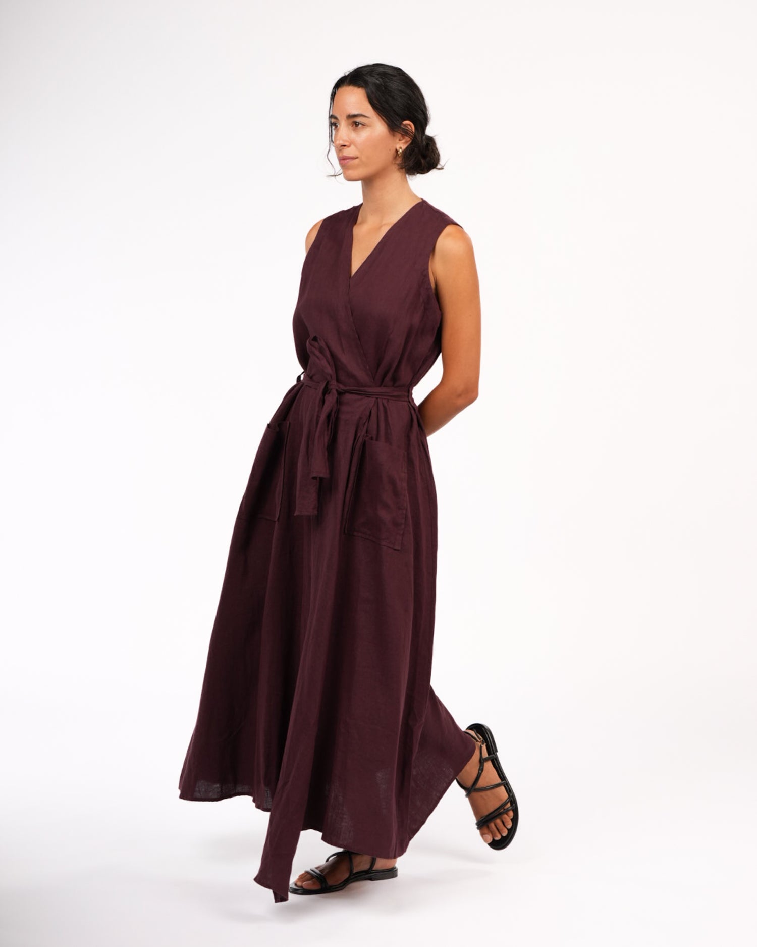 Montaigne Genevieve Wrap Around Linen Dress With Deep Front Pockets Burgundy2