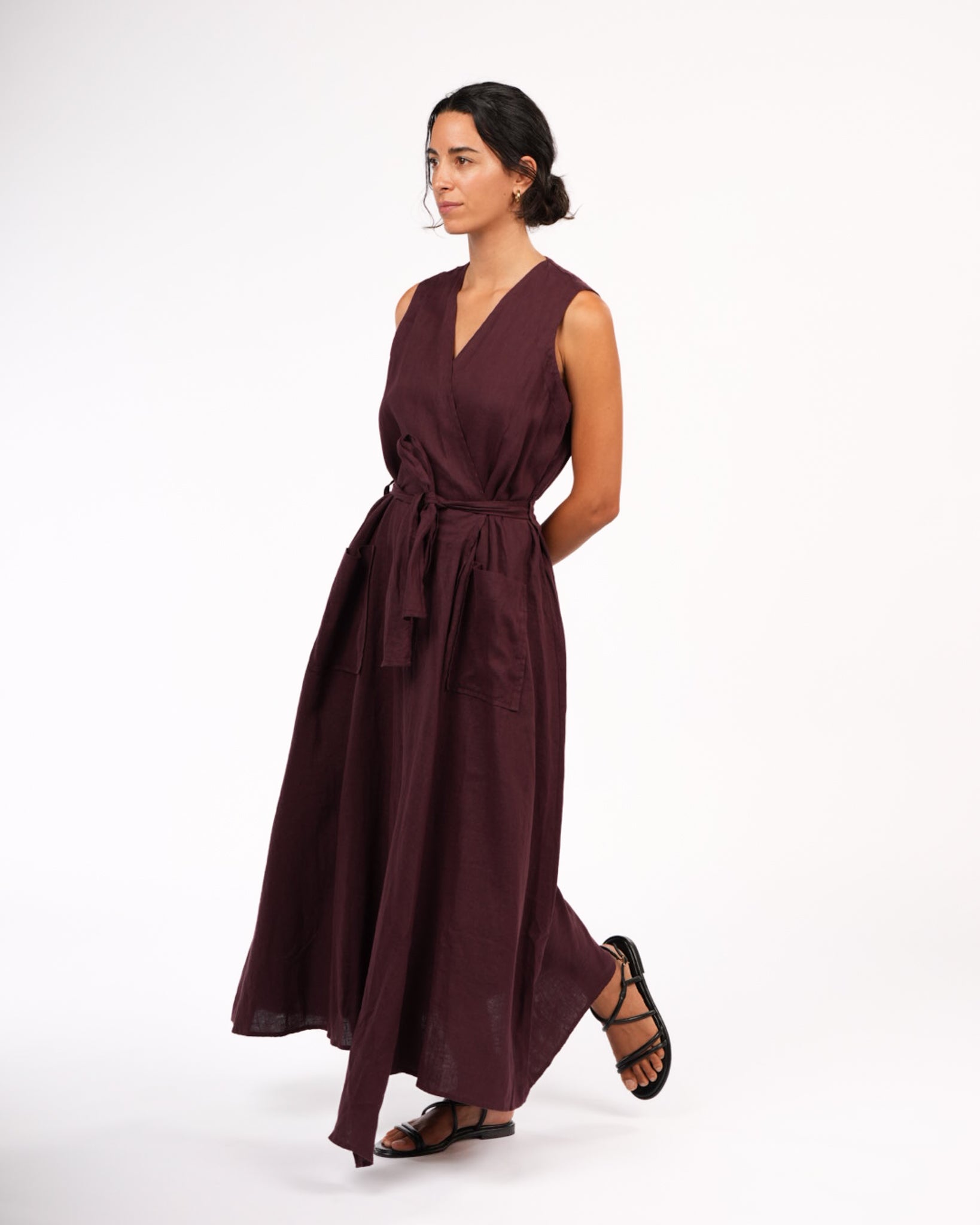 Montaigne Genevieve Wrap Around Linen Dress With Deep Front Pockets Burgundy2
