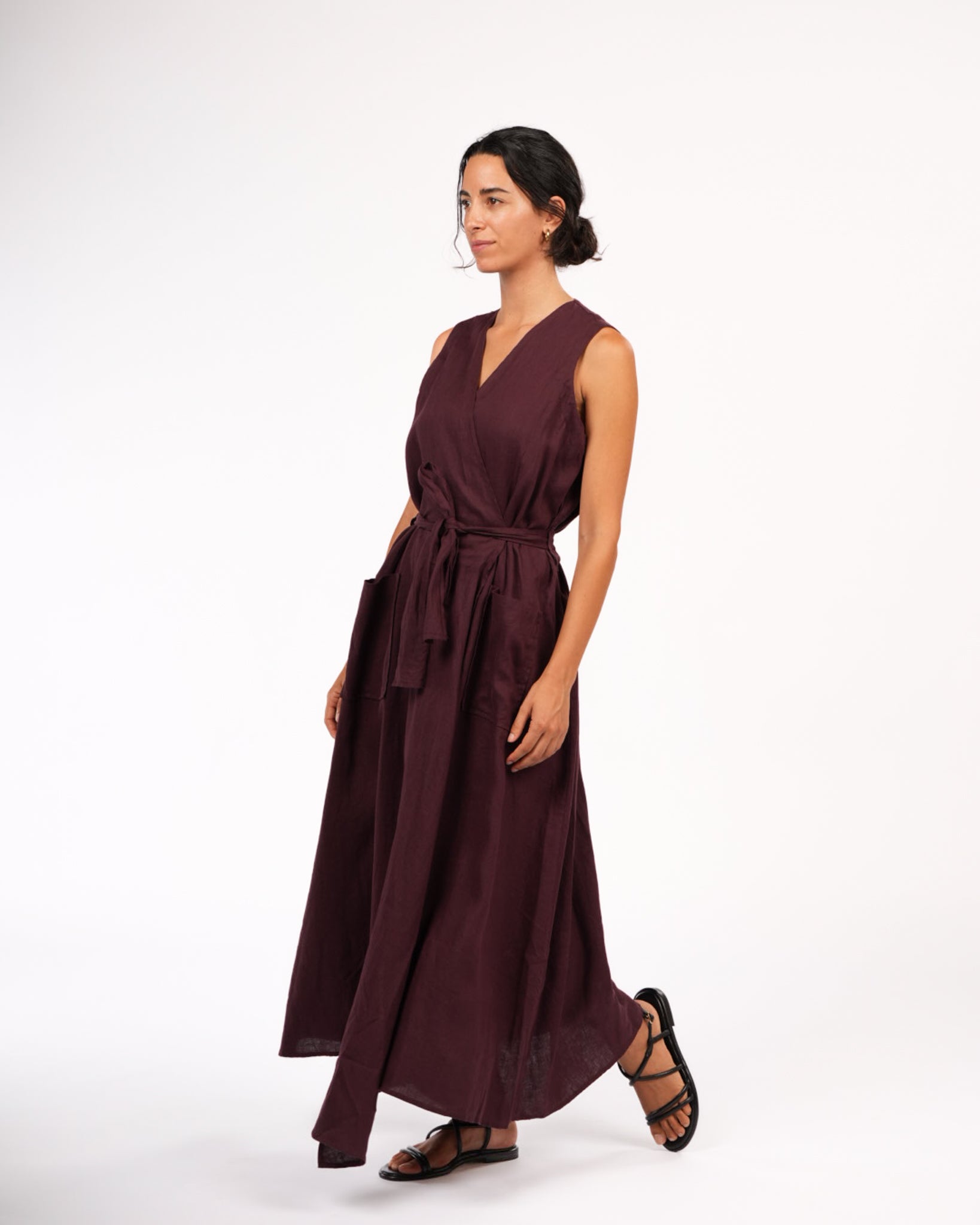 Montaigne Genevieve Wrap Around Linen Dress With Deep Front Pockets Burgundy3
