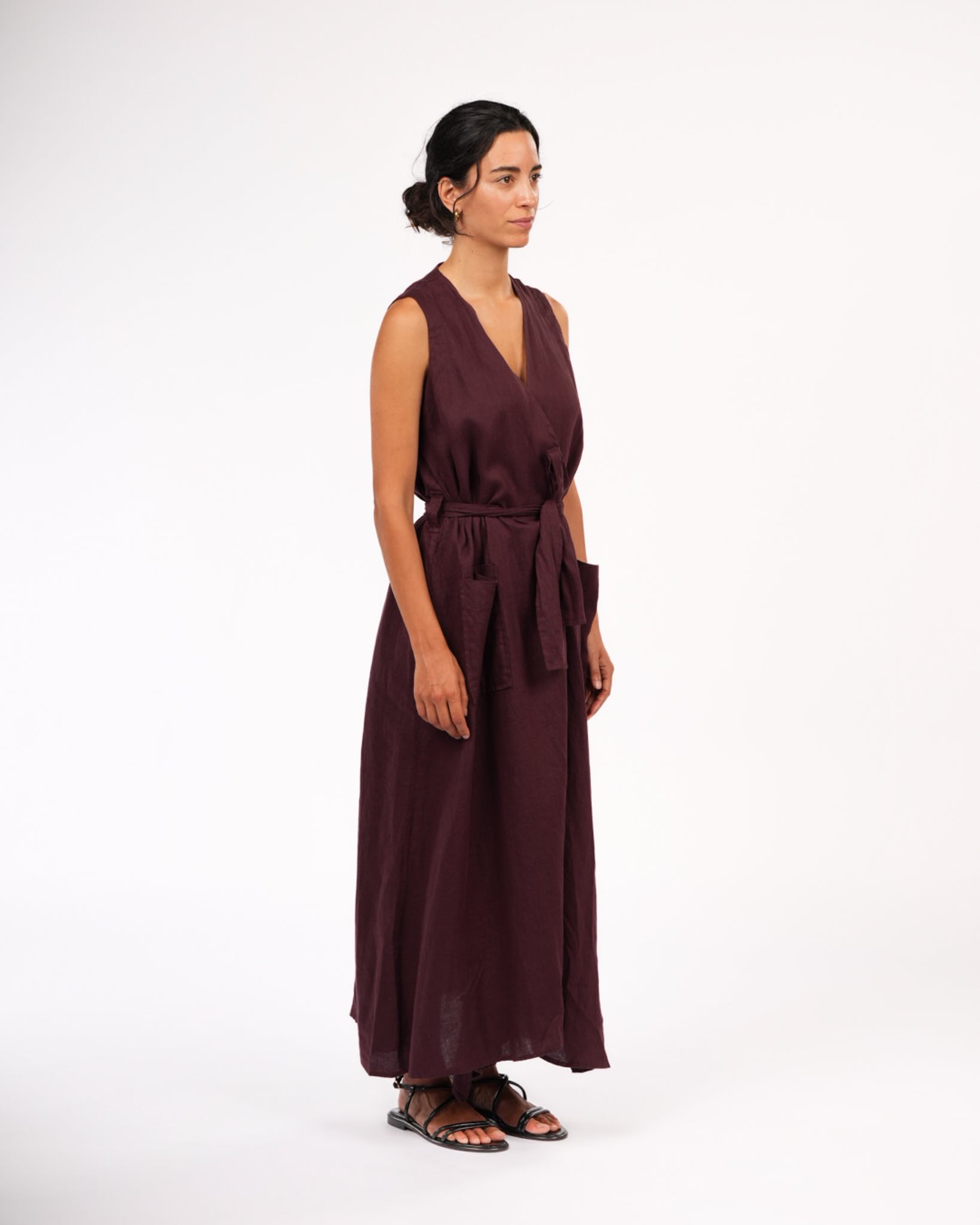 Montaigne Genevieve Wrap Around Linen Dress With Deep Front Pockets Burgundy4