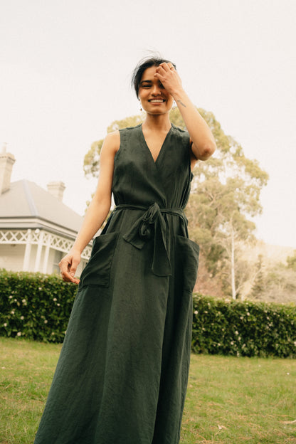 Montaigne Genevieve Wrap Around Linen Dress With Deep Front Pockets Teal