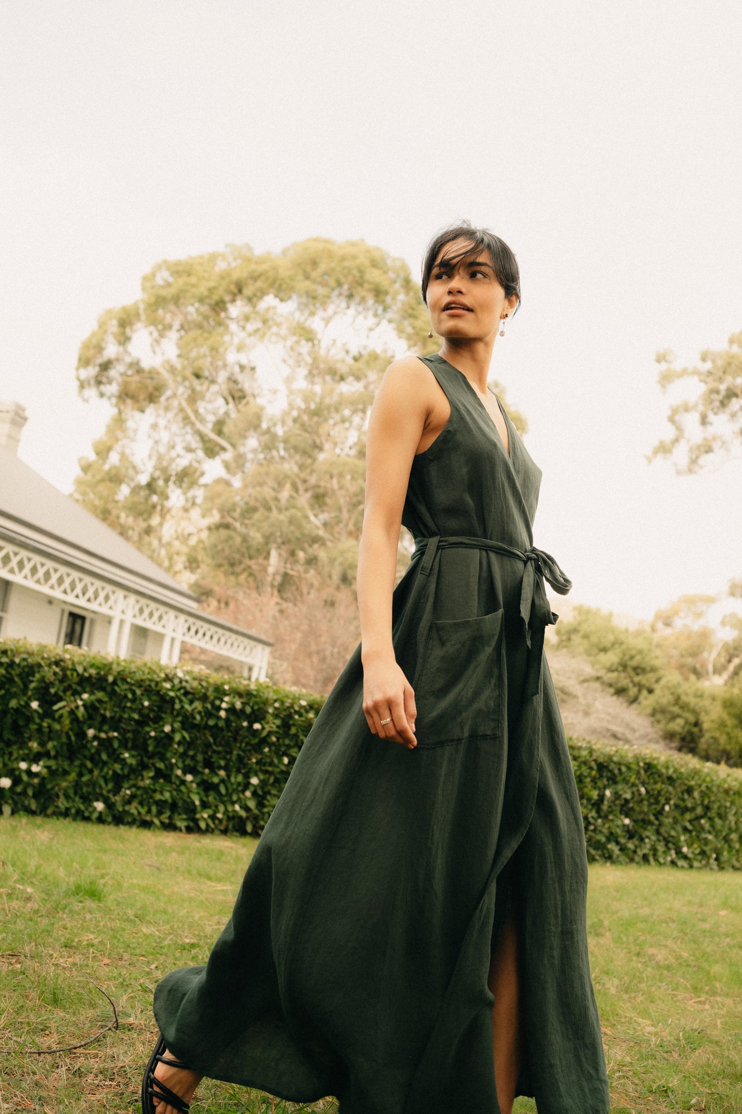 Montaigne Genevieve Wrap Around Linen Dress With Deep Front Pockets Teal