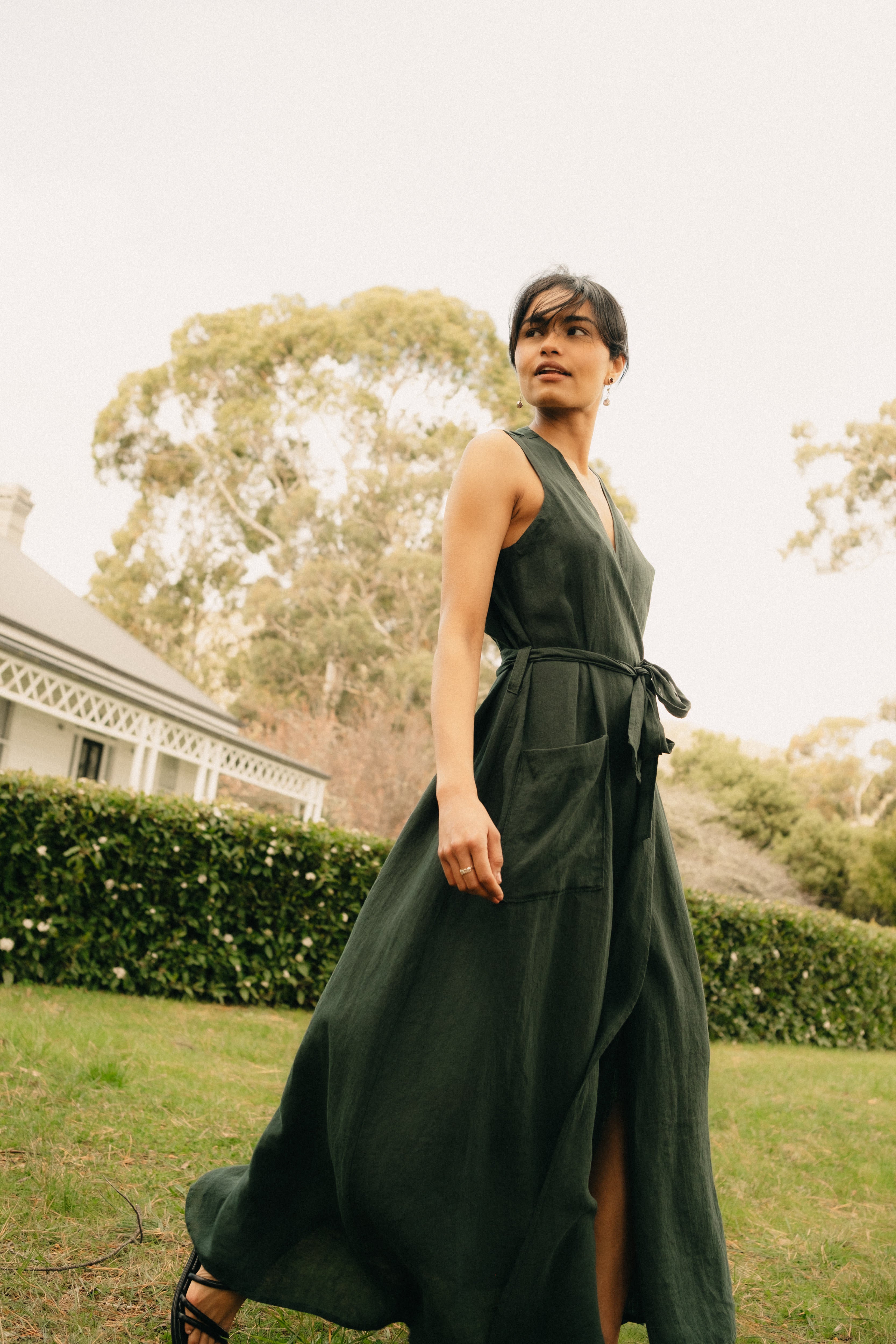 Montaigne Genevieve Wrap Around Linen Dress With Deep Front Pockets Teal