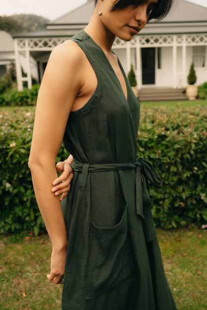 Montaigne Genevieve Wrap Around Linen Dress With Deep Front Pockets Teal