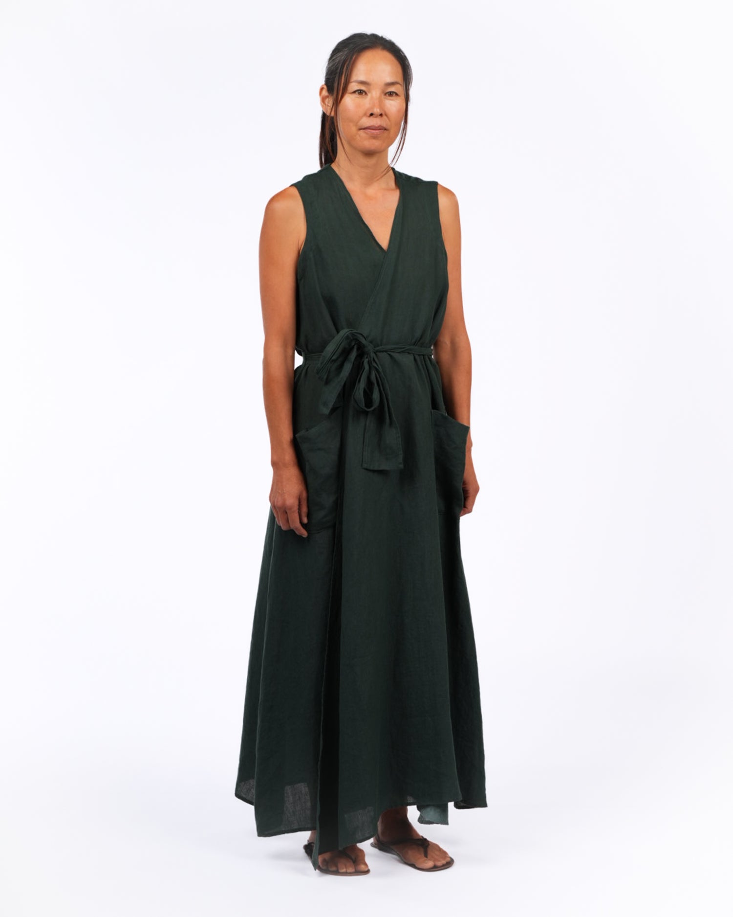Montaigne Genevieve Wrap Around Linen Dress With Deep Front Pockets Teal