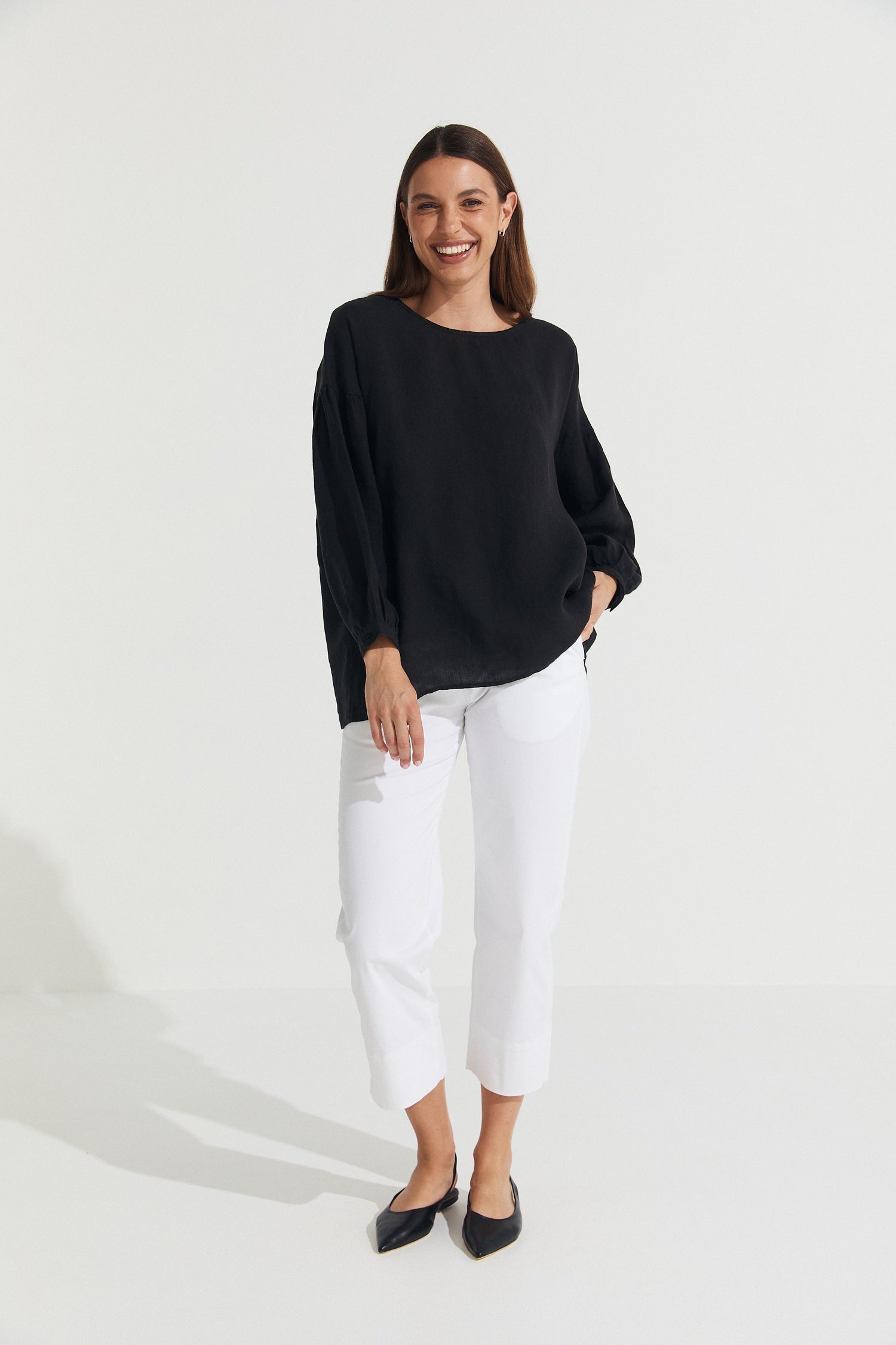Montaigne Gina Linen Long Sleeve Top Black