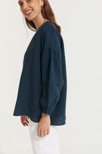 Montaigne Gina Linen Long Sleeve Top Navy