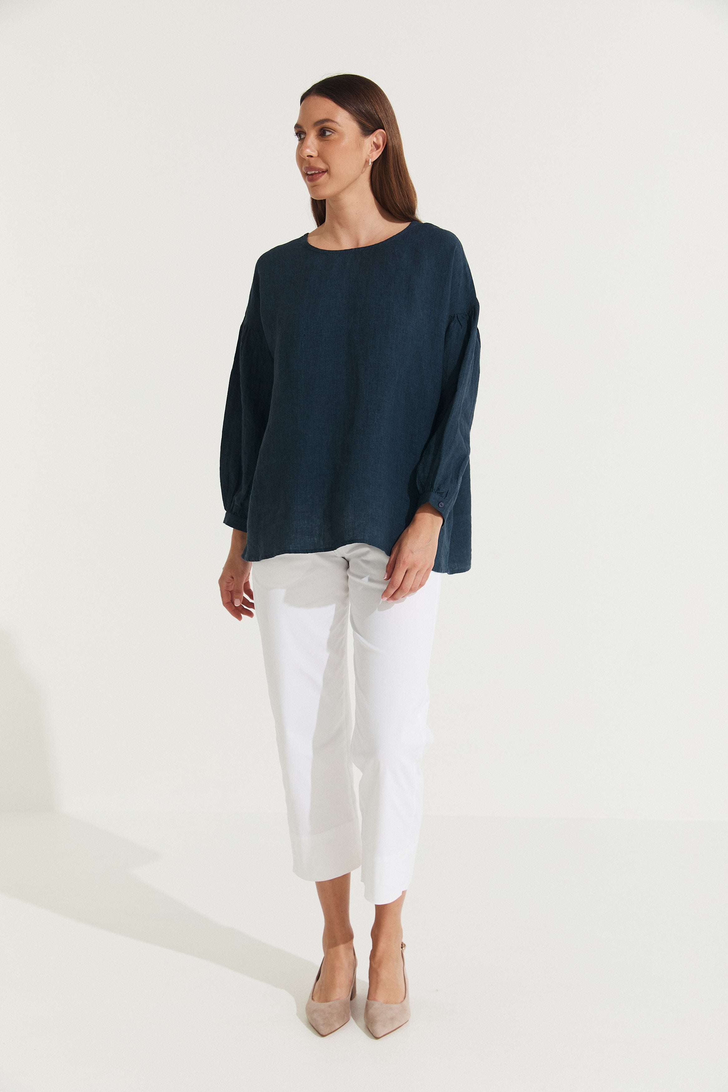 Montaigne Gina Linen Long Sleeve Top Navy1