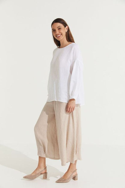 Montaigne Gina Linen Long Sleeve Top White1