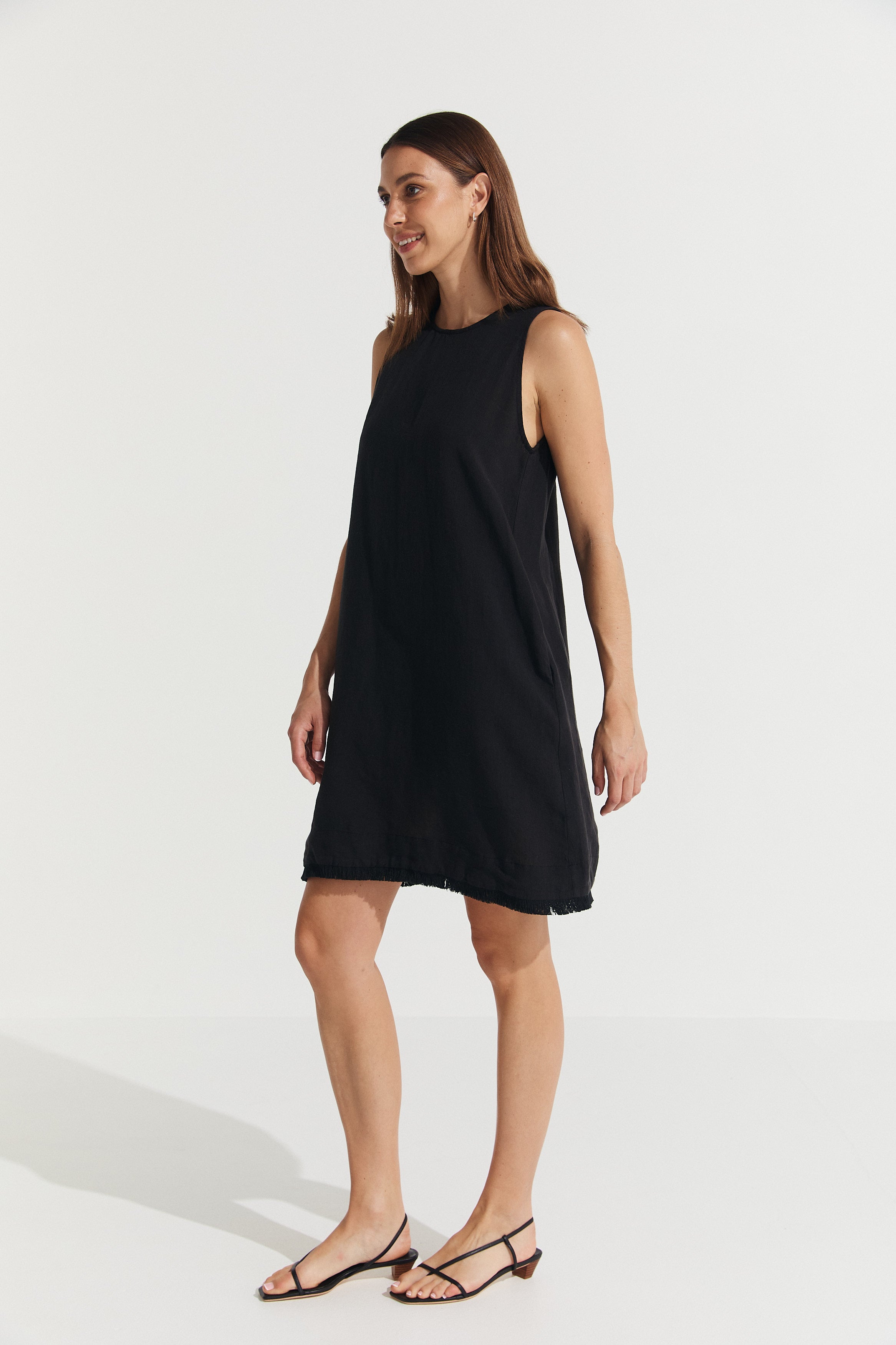 Montaigne Grace Linen Shift Dress with Raw Seam Black2