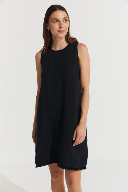 Montaigne Grace Linen Shift Dress with Raw Seam Black3