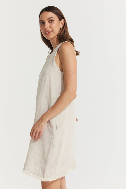 Montaigne Grace Linen Shift Dress with Raw Seam Natural