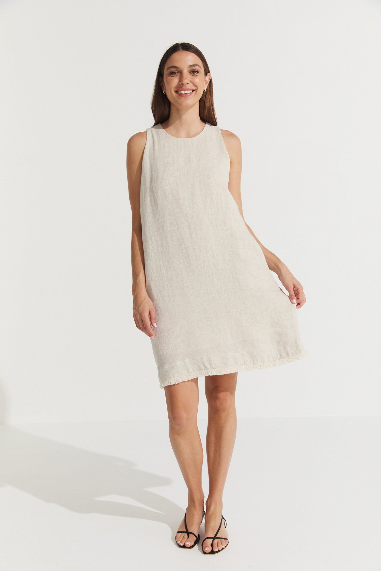 Montaigne Grace Linen Shift Dress with Raw Seam Natural1