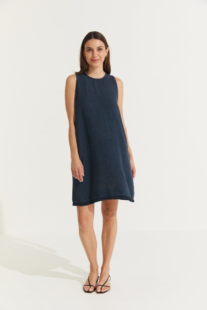 Montaigne Grace Linen Shift Dress with Raw Seam Navy1