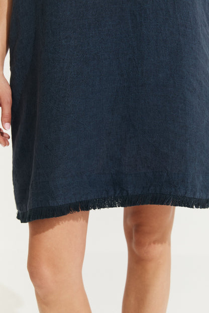 Montaigne Grace Linen Shift Dress with Raw Seam Navy2