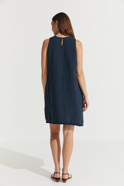 Montaigne Grace Linen Shift Dress with Raw Seam Navy3