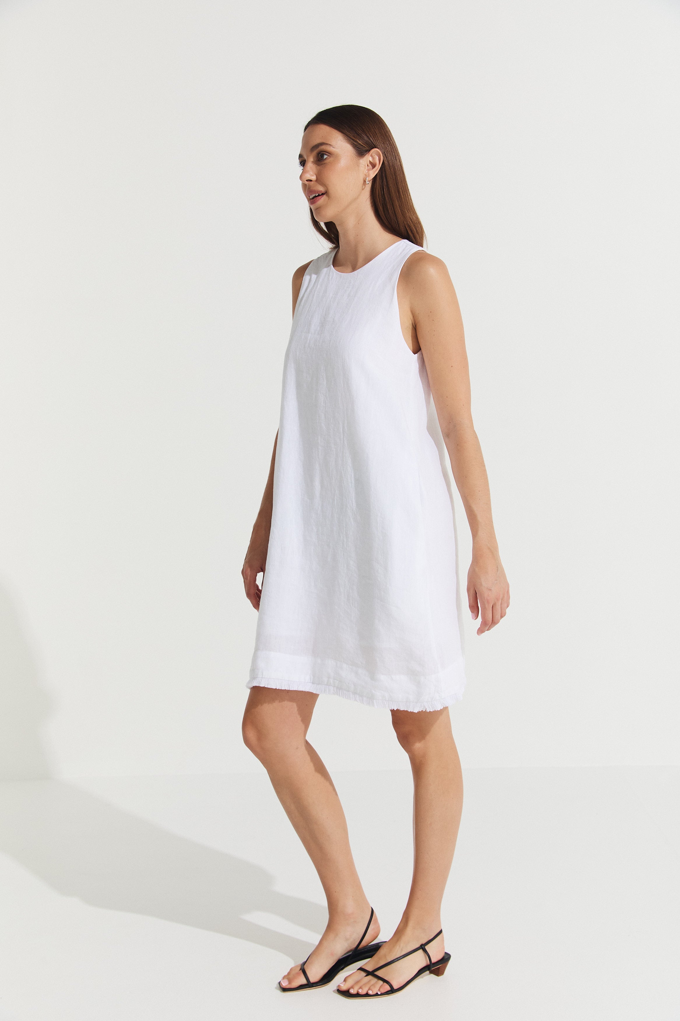 Montaigne Grace Linen Shift Dress with Raw Seam White2