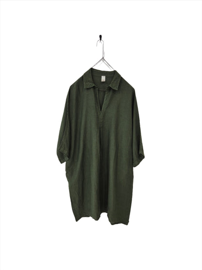 Montaigne Isabelle Linen Collared Shirt with Side Pockets Forest Green